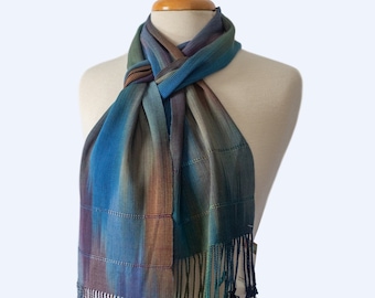 Organic Bamboo Scarf Handwoven in Deep Blue, Olive Green, Maroon & Jade Yarn. Hand Dyed Organic Bamboo Yarn. Silky Soft - Easy Care Scarf.