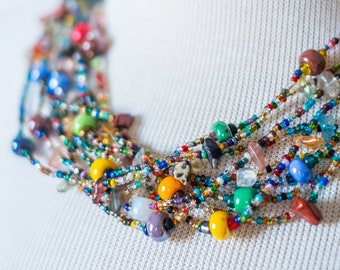 Beaded Necklace with Rainbow Multicolored Glass Beads. Made in Guatemala by Maya Artisans. Adjustable and Easy to Wear!