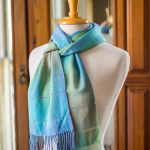 Organic Bamboo Scarf Handwoven in Turquoise, Lime, Lavender & Blue Yarn. Hand Dyed Organic Bamboo Yarn. Silky Soft Vegan - Easy Care Scarf.