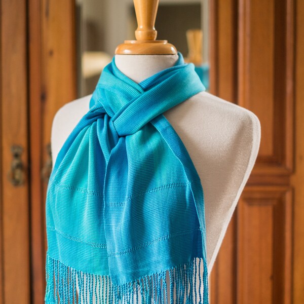 Organic Bamboo Scarf Handwoven in Aquamarine, Turquoise, and Blue Yarn. Hand Dyed Organic Bamboo Yarn. Silky Soft Vegan - Easy Care Scarf.