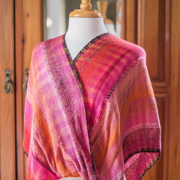 Mobius Shawl in Red, Hot Pink, and Orange Rayon Yarn with a Black Border, Handwoven