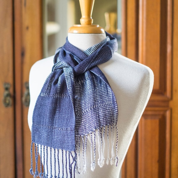 Handwoven Rayon Scarf in Navy, Indigo & White Ikat Dyed Yarn. Leno Lace and Hand Twisted Fringes. Easy Care - Super Soft Denim Color Combo.