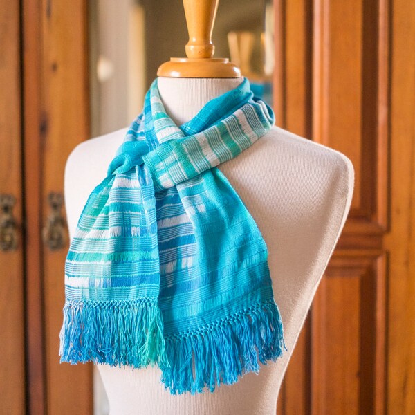 Organic Bamboo Scarf Handwoven in Ocean Tones - Turquoise, White, & Blue Yarn. Hand Dyed Organic Bamboo Yarn. Silky Soft Hand Dyed Yarn.