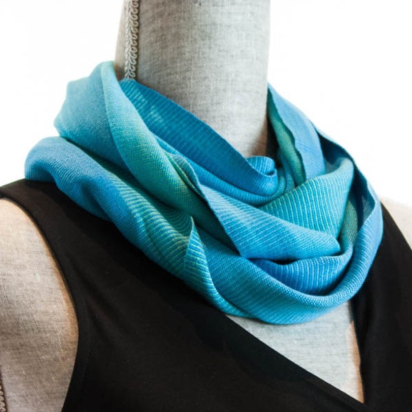 Organic Bamboo Infinity Scarf - Handwoven in Turquoise & Sea-Foam Green Yarn. Hand Dyed Organic Bamboo Yarn. Vegan Fibers - Easy Care Loop.