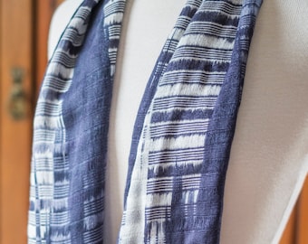 Organic Bamboo Scarf Handwoven. Ikat Dyed Indigo, Blue and White.  Silky Soft Vegan Fiber - Denim Friendly. Easy Care. Smaller Size.