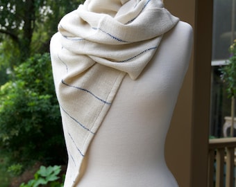 Blue Willow Mobius Shawl - Handwoven Infinity Wrap in Creamy White Rayon Yarn with Variegated Blue Supplemental Ribbons.
