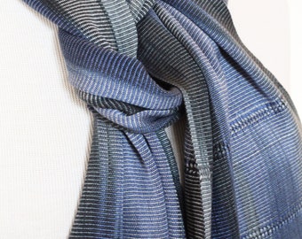 Organic Bamboo Scarf Handwoven in Indigo, Charcoal, & Pearl Grey Tones. Hand Dyed Organic Bamboo Yarn. Silky Soft Vegan Fibers - Easy Care.