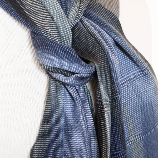 Organic Bamboo Scarf Handwoven in Indigo, Charcoal, & Pearl Grey Tones. Hand Dyed Organic Bamboo Yarn. Silky Soft Vegan Fibers - Easy Care.