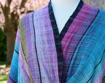 Midnight Botanic Mobius Shawl - Handwoven Infinity Wrap in Jewel Toned Stripes with Black Accents. Vegan Fiber. Soft and Easy Wear.