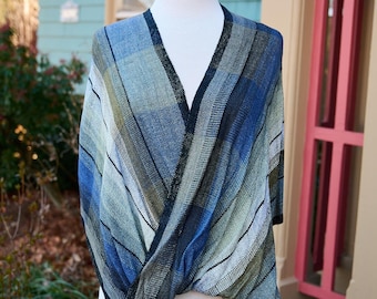 Ocean Current Mobius Shawl - Handwoven Infinity Wrap in Blue, Olive Green & Soft Grey with Black Border and Subtle Stripes. Rayon Fiber.