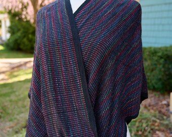 Handwoven Mobius Shawl in Berry Burst: Magenta, Lilac, Blue & Lime with Black Accents - Lightweight Rayon, Infinity Wrap
