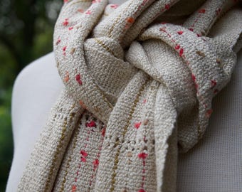 Blushing Harmony Handwoven Rayon Scarf - Cream with Delicate Pink, Peach, and Peridot Accents. Leno Lace and Hand Twisted Fringe.