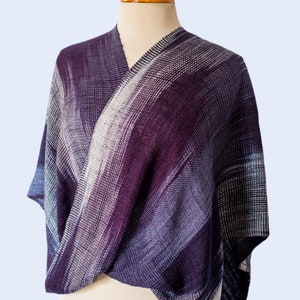 Handwoven Mobius Shawl in Indigo and White Ikat Dyed Rayon Yarn. Vegan fiber. Versatile, soft and perfect all year round.  Large infinity.