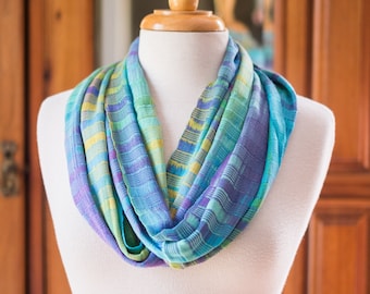 Organic Bamboo Infinity Scarf - Handwoven in Sherbet Colors - Blue, Lime, Lavender & Turquoise Yarn. Hand Dyed Organic Bamboo. Vegan Fibers.