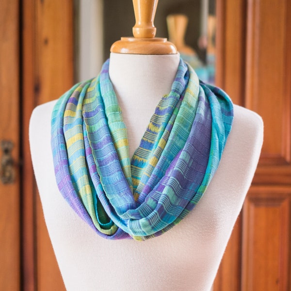 Organic Bamboo Infinity Scarf - Handwoven in Sherbet Colors - Blue, Lime, Lavender & Turquoise Yarn. Hand Dyed Organic Bamboo. Vegan Fibers.