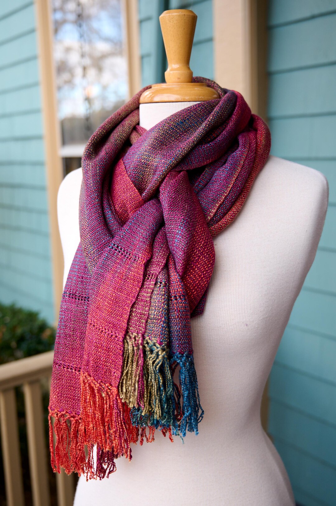Oversized Rayon Scarf Handwoven in Rainbow Jewel Tones. Extra