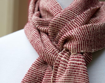 Cabernet Veil Hand Woven Scarf in Cranberry Red and Creamy Beige Rayon Yarn.