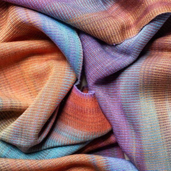 Organic Bamboo Scarf Handwoven in Teal, Orange, Gold, & Blue Yarn. Hand Dyed Organic Bamboo. Easy Care - Silky Soft Hand Dyed Vegan Yarn.