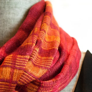 Organic Bamboo Infinity Scarf - Handwoven in Orangey Red Sunset Yarn. Hand Dyed Organic Bamboo Yarn. Vegan Fibers - Easy Care Loop.