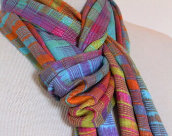 Organic Bamboo Scarf in Bright Rainbow Multicolor Hand Dyed Yarn. Pink, Chartreuse, Teal, Orange, and Purple Scarf. Super Soft Vegan Yarn.