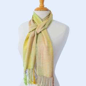 Handwoven Rayon Scarf in Sunny Yellow Lime and Apricot Tones. Leno Lace and Hand Twisted Fringes. Easy Care - Super Soft Grunge Yarn.