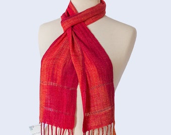 Handwoven Rayon Scarf in Sunset Orange and Red Tones. Leno Lace and Hand Twisted Fringes. Easy Care - Super Soft Grunge Yarn.