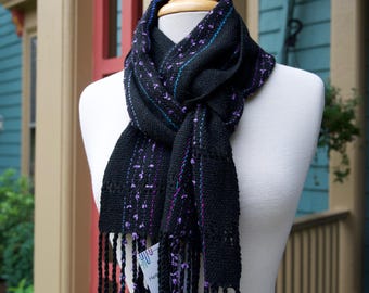 Northern Lights Handwoven Rayon Scarf - Soft Back Yarn with Accents of Variegated Turquoise, Blue, Purple, and Lavender Ribbon