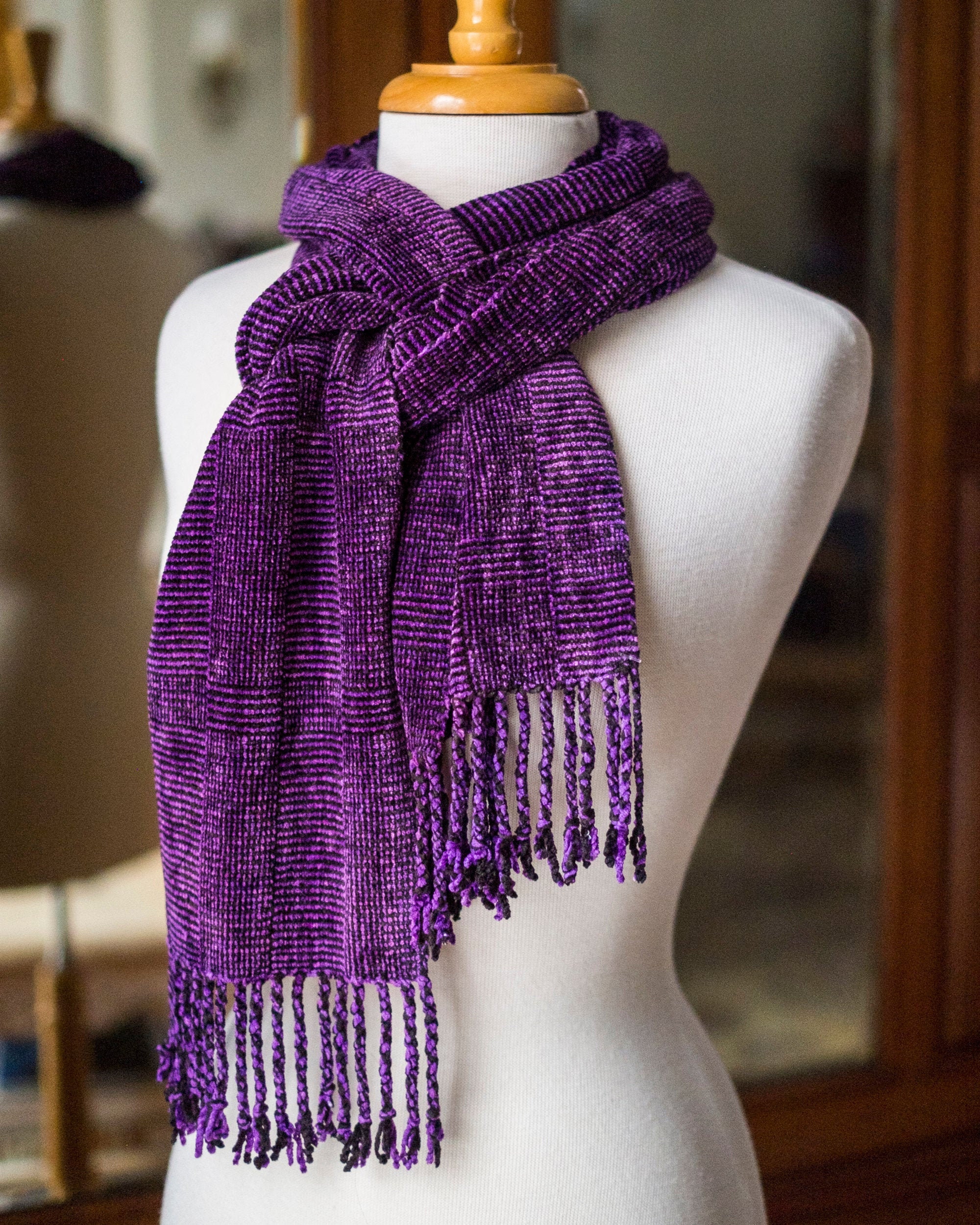 Chenille Scarf in Purple and Black Yarn with Twisted Fringe Etsy