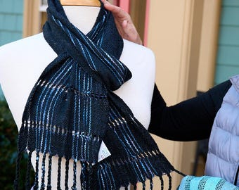Blue Current Rayon Scarf - Handwoven Wrap with Blue & Purple Stripes on Black with a Leno Lace Border. Super Soft. Easy Care. Vegan Fiber.