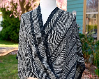 Handwoven Petit Mobius Shawl in Black & White Log Cabin Pattern - Versatile Rayon Infinity Wrap, Soft and Modern