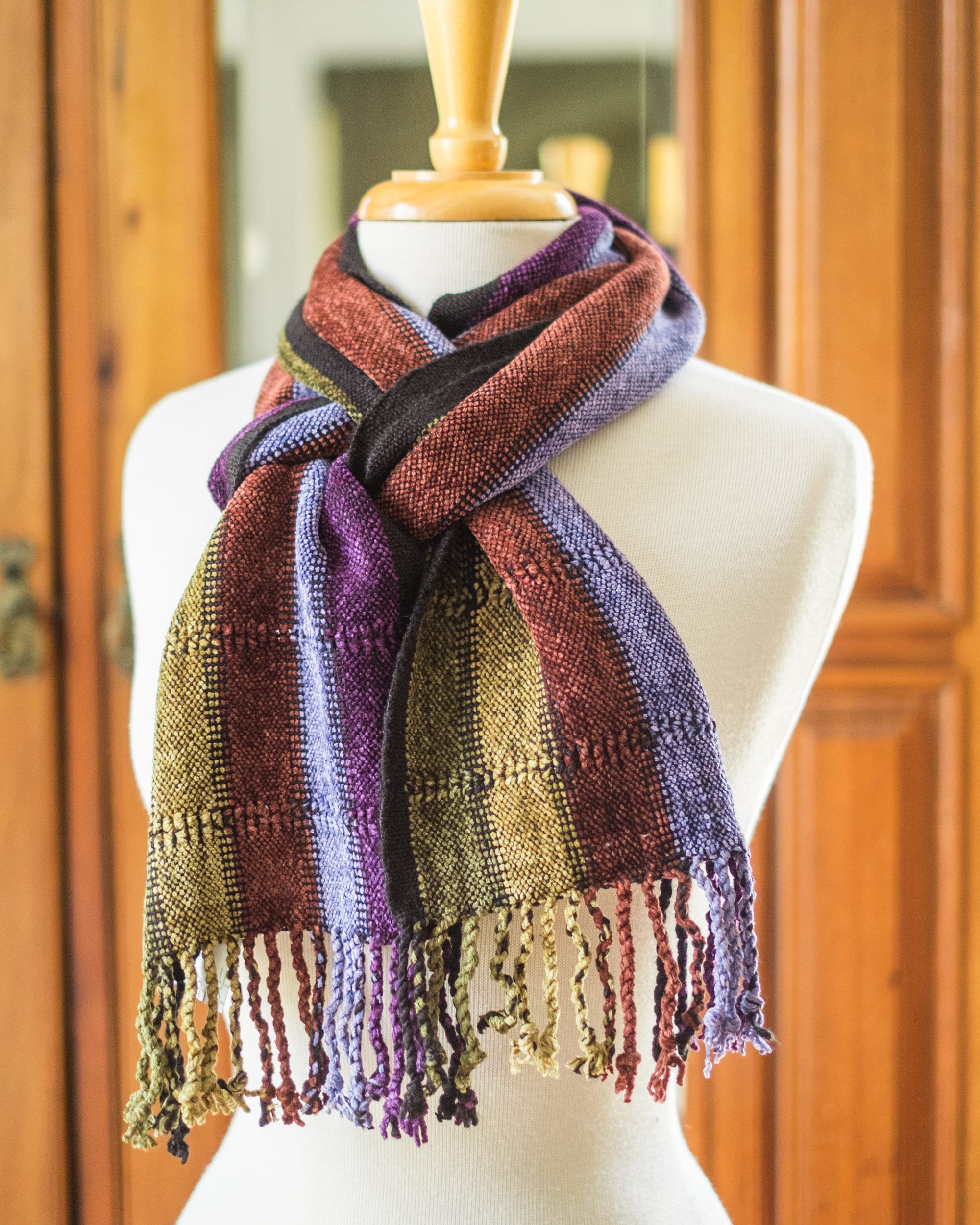 Handwoven Chenille Scarf in Purple, Rust, Olive and Lime with Black Highlights. Hand Dyed Yarn. Twisted fringes. Super Soft. Hypoallergenic.