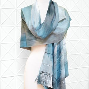 Oversized Scarf Handwoven in Organic Bamboo - Hand Dyed in Coastal Tones. Extra Wide Long. Vegan. Hand Knotted Fringes. Couch Throw.