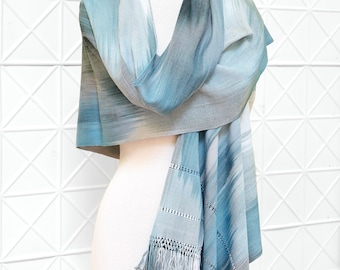 Oversized Scarf Handwoven in Organic Bamboo - Hand Dyed in Coastal Tones. Extra Wide Long. Vegan. Hand Knotted Fringes. Couch Throw.