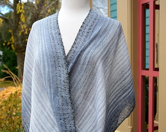 Mobius Shawl Handwoven in Moonlit Alloy -Black, Gray and White Rayon with Shiny Silver Lurex Accent - Versatile Wrap and Elegant Scarf