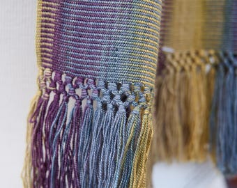 Bamboo Scarf Handwoven in Neutral Jewel Toned Watercolor Yarn. Hand Dyed Organic Bamboo Yarn. Silky Soft Vegan Scarf. Hand Knotted Fringe.