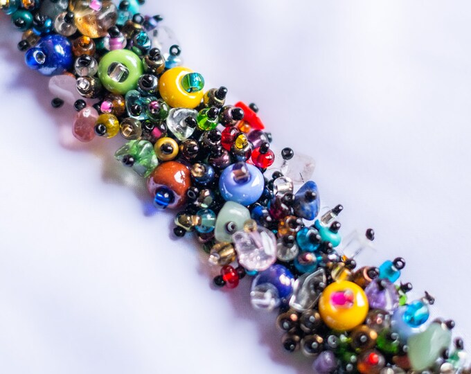 Beaded Bracelet With Multicolor and Black Czech Glass, Magnetic Closure ...