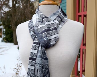 Organic Bamboo Scarf Handwoven in Silver Shadow - Charcoal, Gray and White Hand Dyed Yarn. Silky Soft Vegan Fiber - Easy Care Scarf