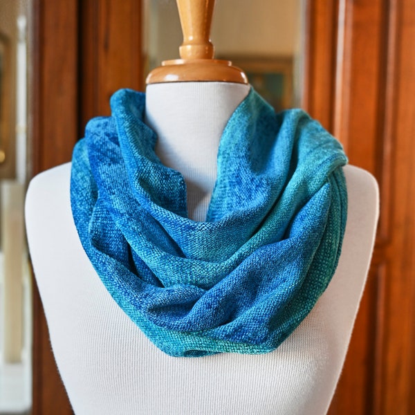 Handwoven Chenille Infinity Scarf in Ocean Blue & Turquoise. Hand Dyed Organic Bamboo Chenille Yarn. Warm - Cozy. Easy Care - Vegan Fibers.