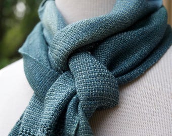 Jade Grove Rayon Scarf – Handwoven and Hand Dyed Rayon Yarn Tones of Blue , Teal, Green, Ikat Dyed, Leno Lace & Twisted Fringe.