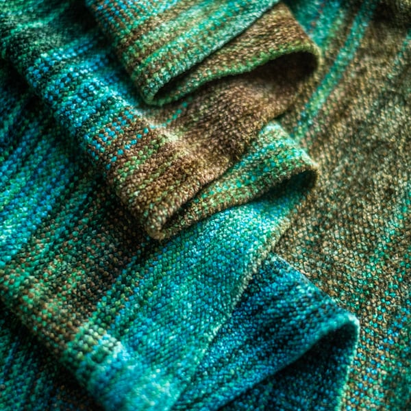 Handwoven Chenille Infinity Scarf in Olive, Jade & Teal. Hand Dyed Organic Bamboo Chenille Yarn. Cozy and Warm. Easy Care - Vegan Fibers.