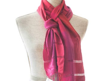 Handwoven Rayon Scarf in Magenta & Fuchsia Stripes. Leno Lace and Hand Twisted Fringes. Easy Care - Super Soft Grunge Yarn.