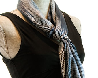 Bamboo Infinity Scarf in Indigo, Blue and White Ikat hand dyed. Vegan loop, silky soft and hand washable. Wear it all year long.  Indigo,