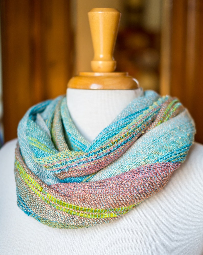 Infinity Shawl Turquoise Orange Coral and Lime Mobius Shawl