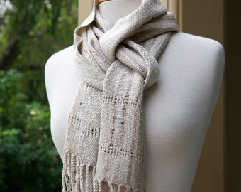 Almond Latte Handwoven Rayon Scarf - Cream & Khaki with Delicate Caramel Ribbon Accents. Leno Lace and Hand Twisted Fringe.