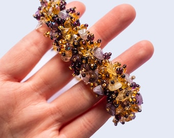 Bracelet with Gold, Purple, and Lilac Beads, with Magnetic Closure