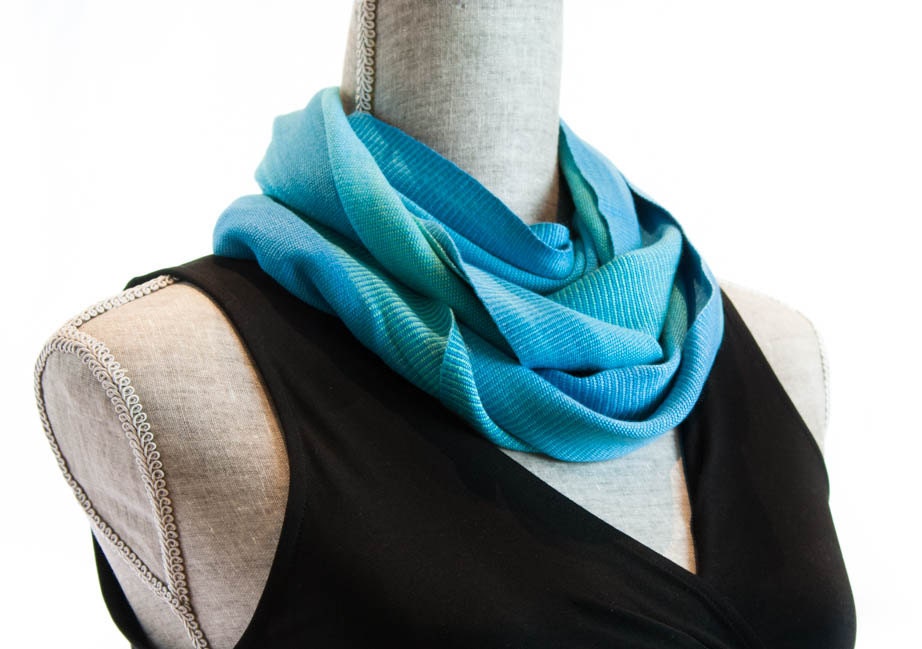 Organic Bamboo Infinity Scarf - Handwoven in Turquoise & Sea-Foam Green Yarn. Hand Dyed Organic Bamboo Yarn. Vegan Fibers - Easy Care Loop.
