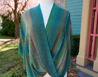 Mossy Path Petit Mobius Shawl - Handwoven Infinity Wrap in Mossy Green, Teal, Warm Amber & Olive with Chartreuse Ribbon Accents.