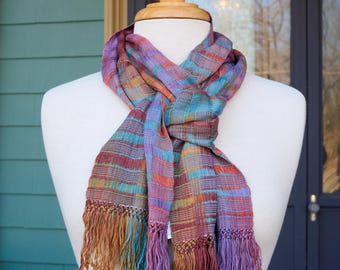 Jewel Tone Handwoven Bamboo Scarf – Mystic Gemstone in Teal, Purple, Lilac & Rust in Silky Soft Vegan Yarn