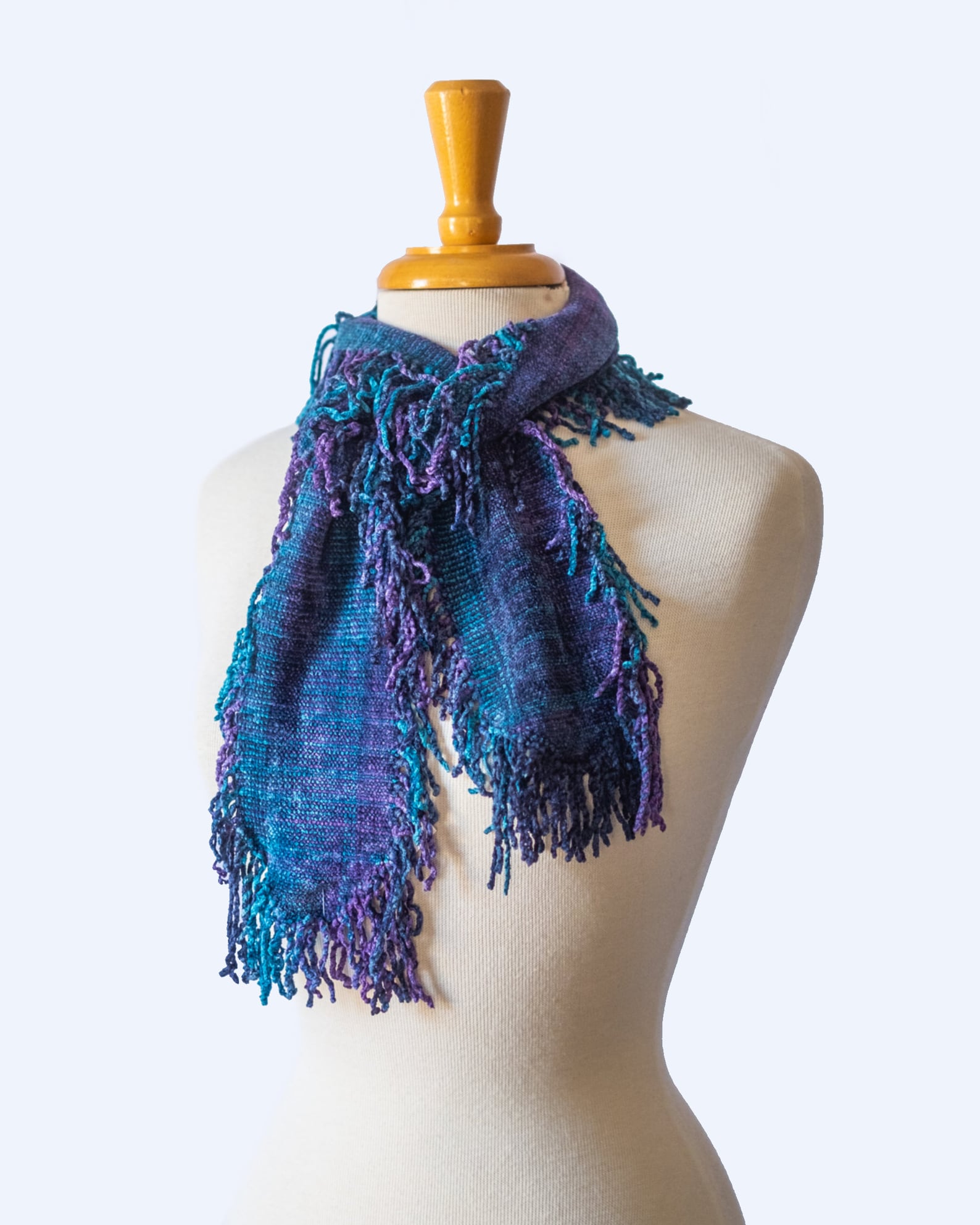 Chenille Scarf With Fringes All Around, Handwoven in Purple and Blue ...