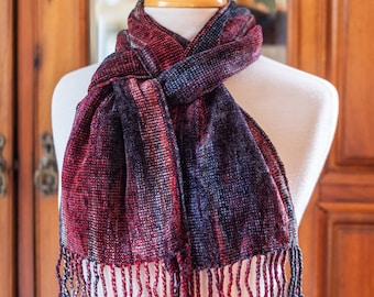 Chenille Scarf in Navy, Red, and Gray Ombre Yarn, Handwoven Organic Bamboo